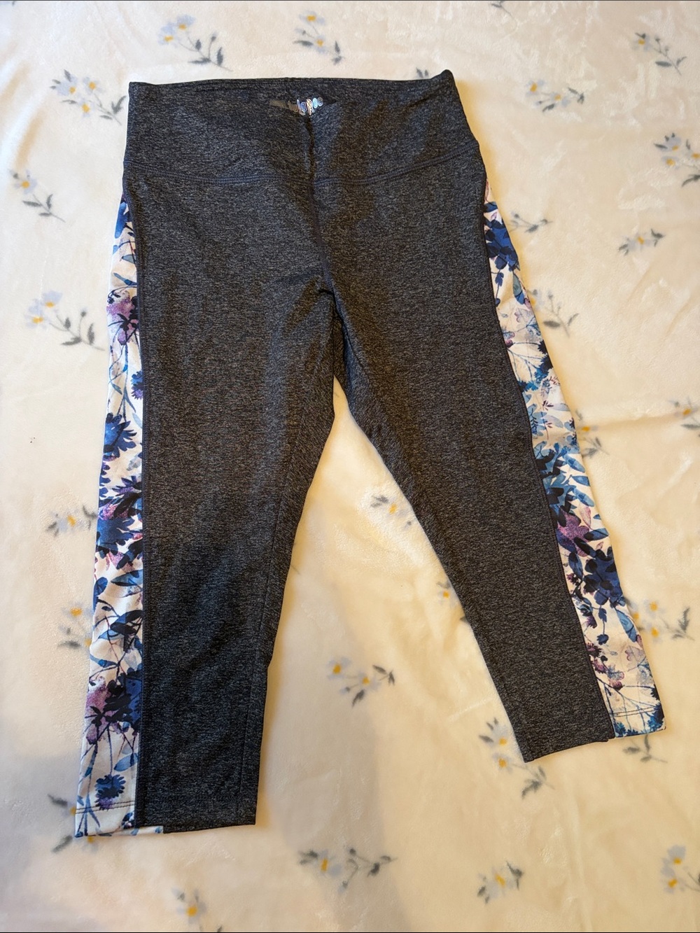 Women’s LuLaRoe Dark Gray Capri Leggings with Blue & Purple Floral Side Panels